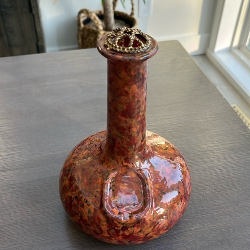 Vintage Vase with Brass Flower Frog